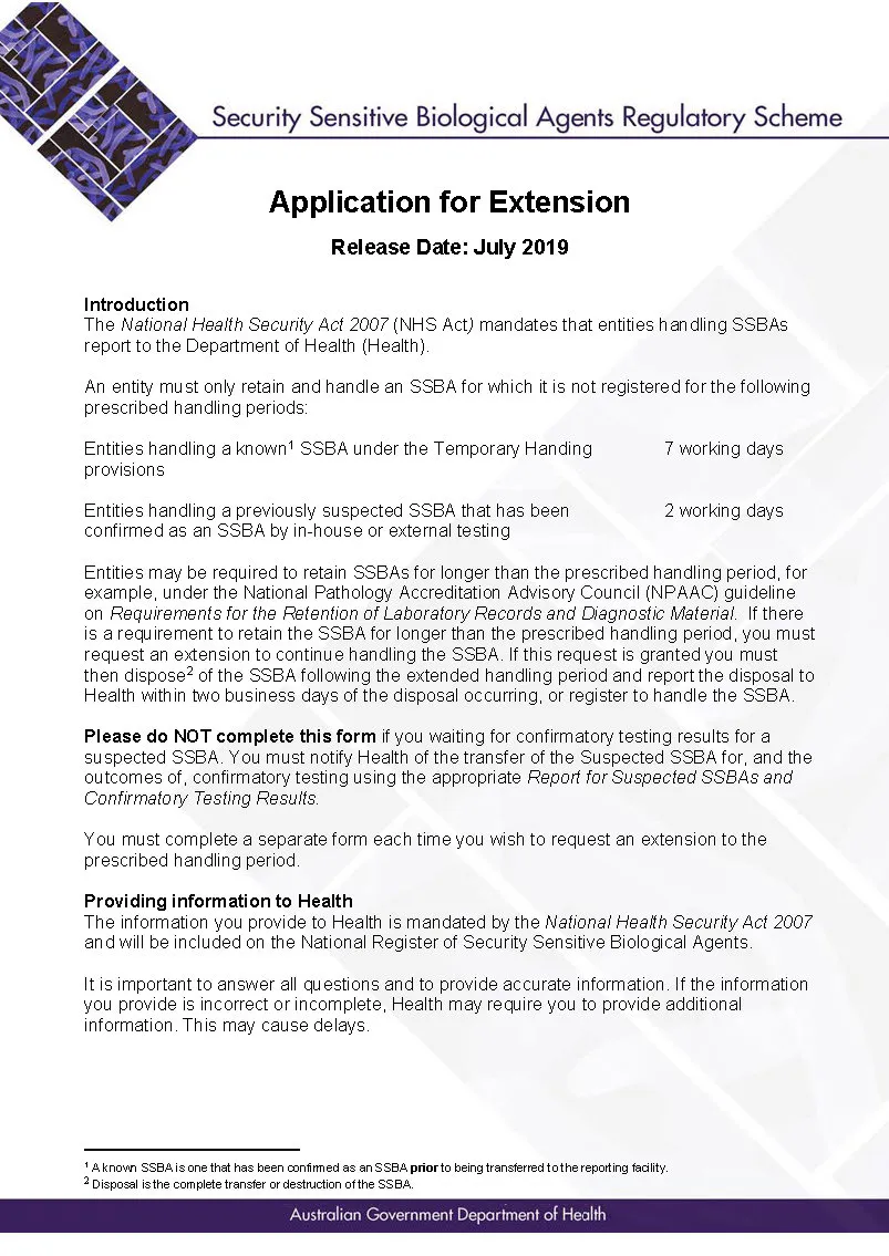 SSBA – Form – Application for extension