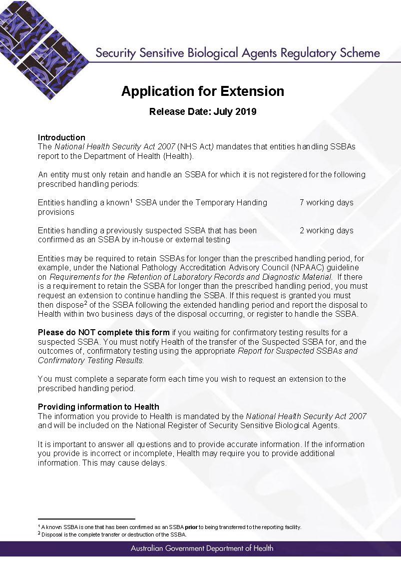 SSBA – Form – Application for extension