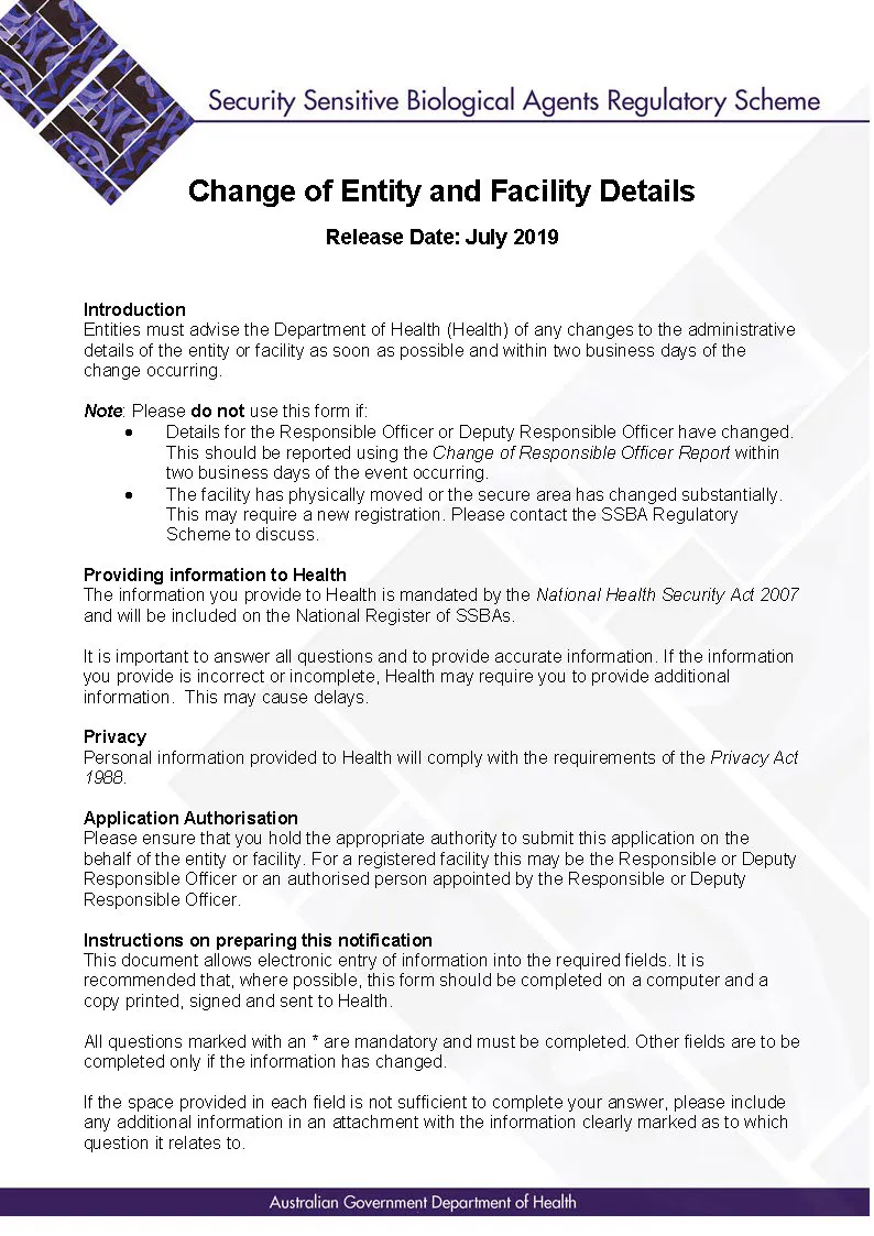 SSBA – Form – Change to entity and facility details