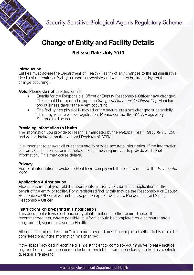 SSBA – Form – Change to entity and facility details
