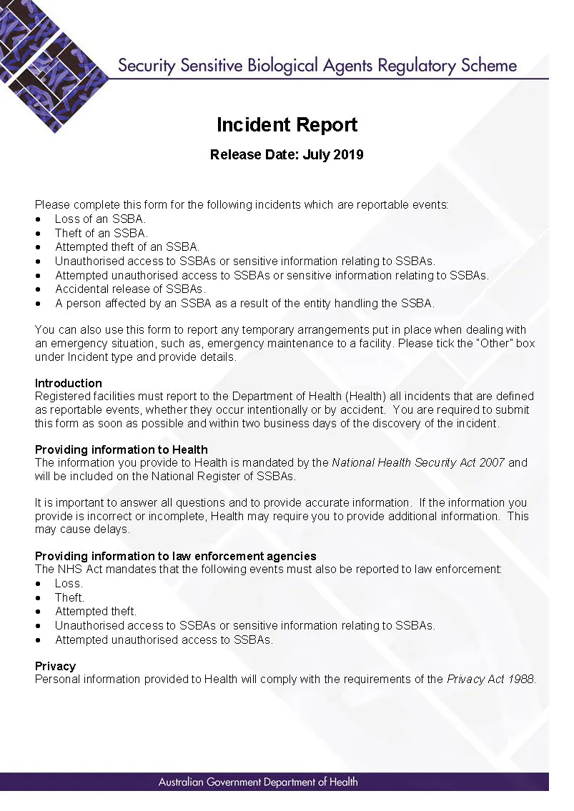 SSBA – Form – Incident report