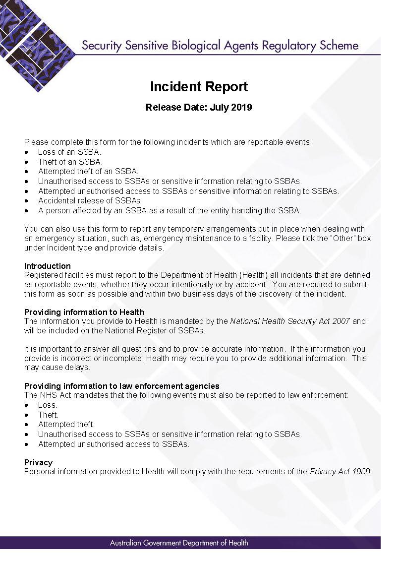 SSBA – Form – Incident report
