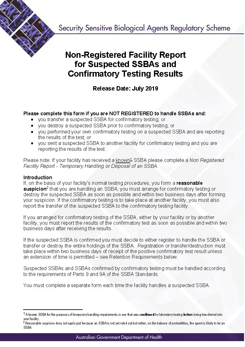 SSBA – Form – Non-registered facility report for suspected SSBAs and confirmatory testing results