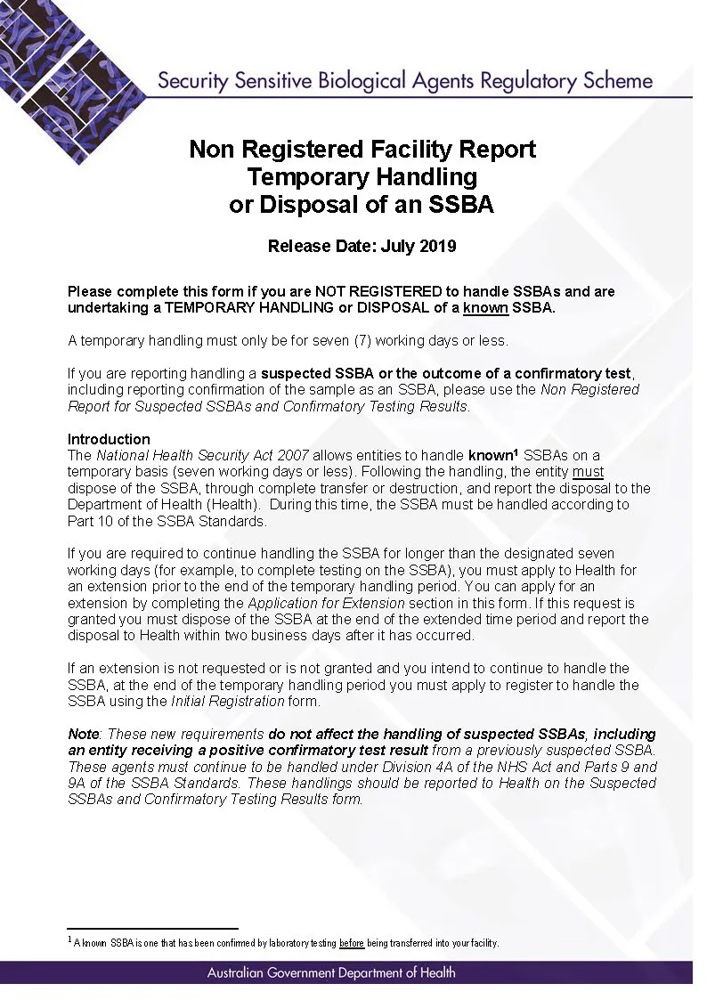 SSBA – Form – Non-registered facility report for temporary handling and disposal of an SSBA