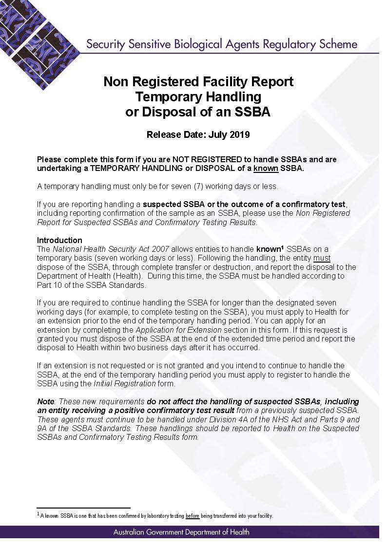 SSBA – Form – Non-registered facility report for temporary handling and disposal of an SSBA