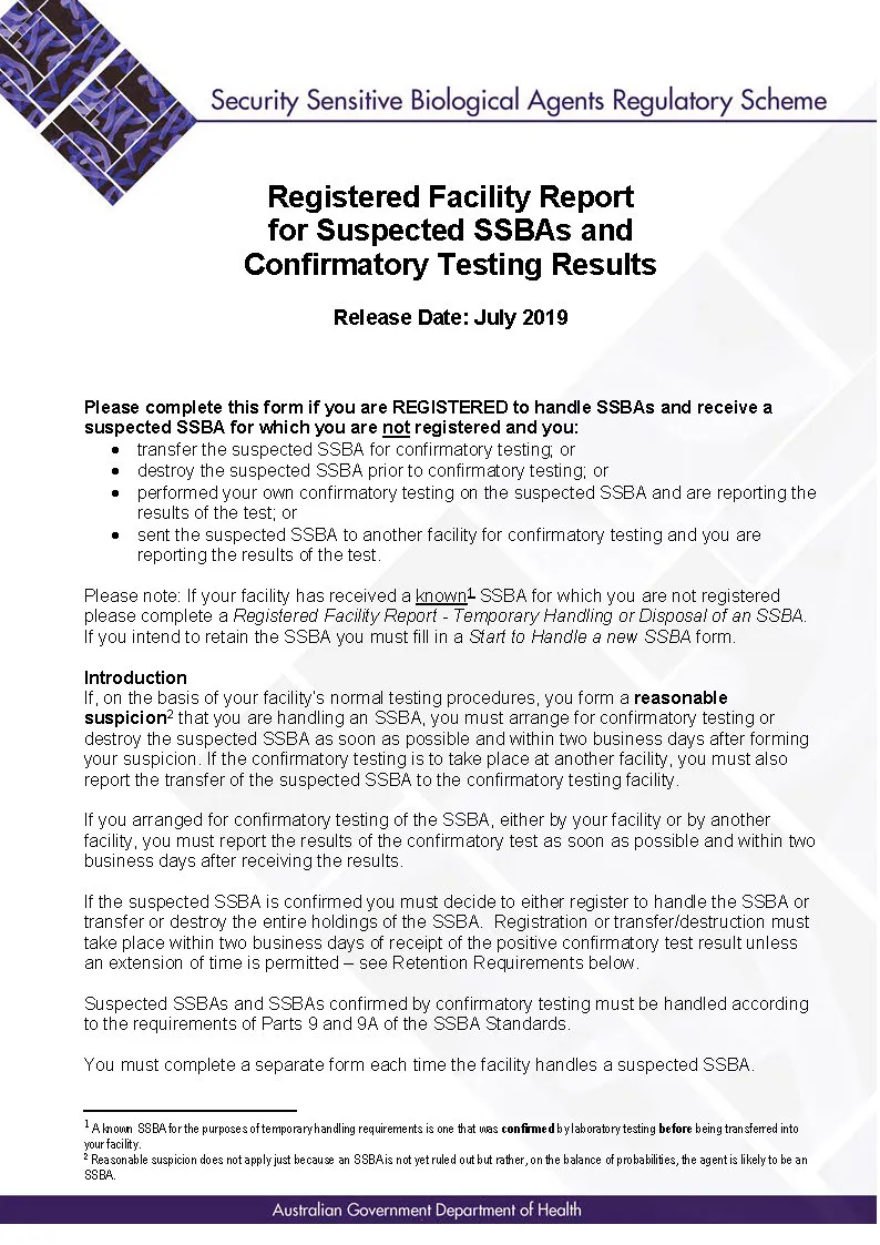 SSBA – Form – Registered facility report for suspected SSBAs and confirmatory results