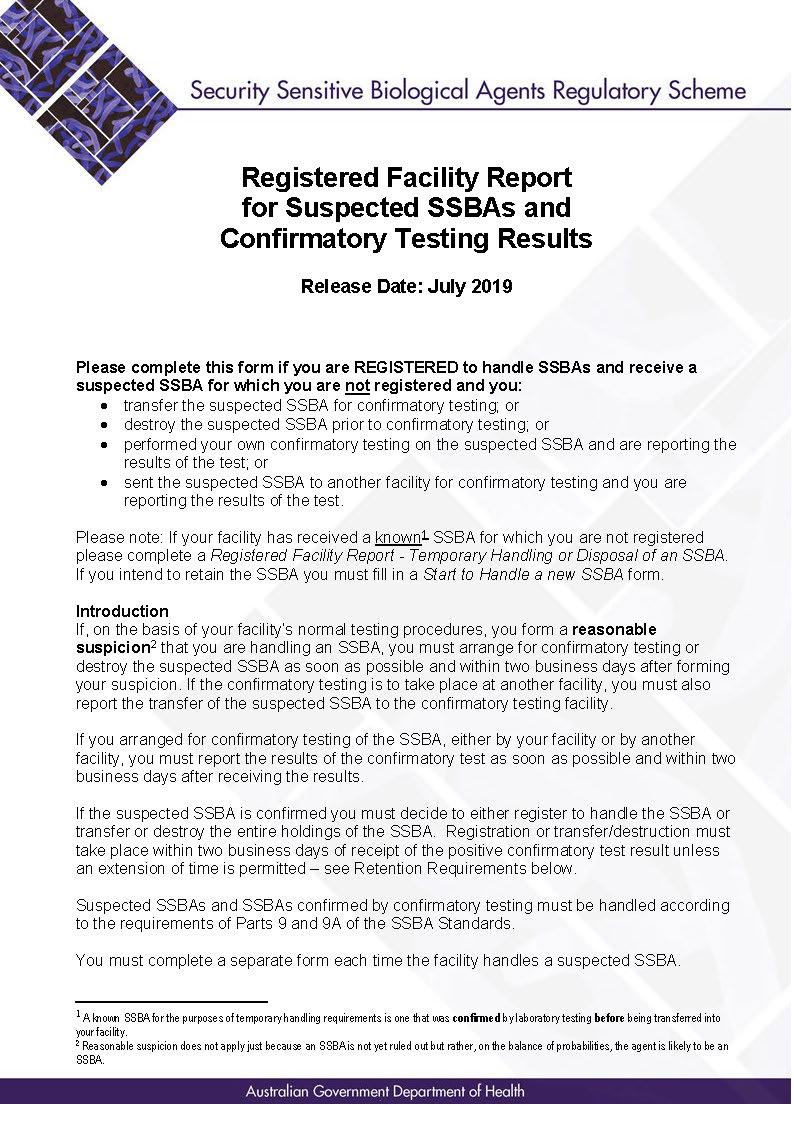 SSBA – Form – Registered facility report for suspected SSBAs and confirmatory results