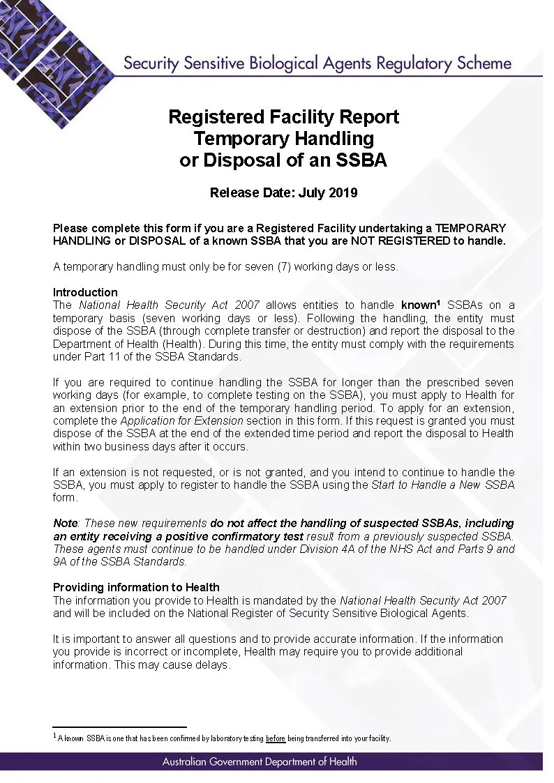 SSBA – Form – Registered facility report for temporary handling and disposal of an SSBA