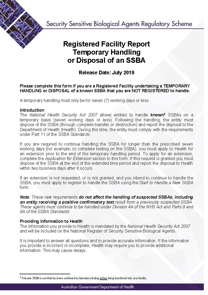 SSBA – Form – Registered facility report for temporary handling and disposal of an SSBA
