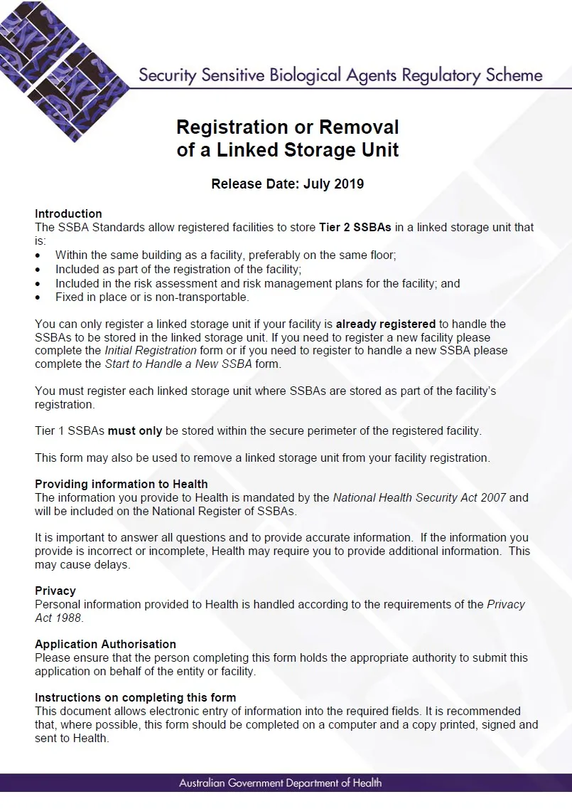 SSBA – Form – Registration of a linked storage unit
