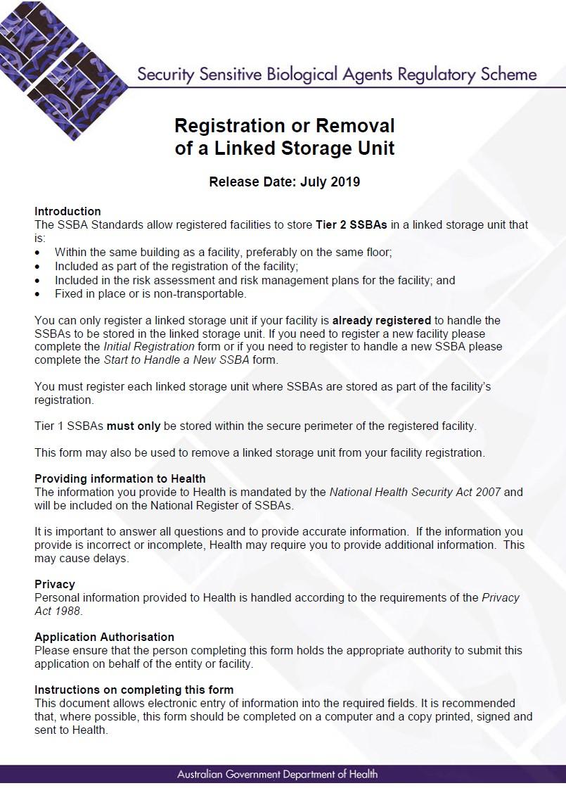SSBA – Form – Registration of a linked storage unit