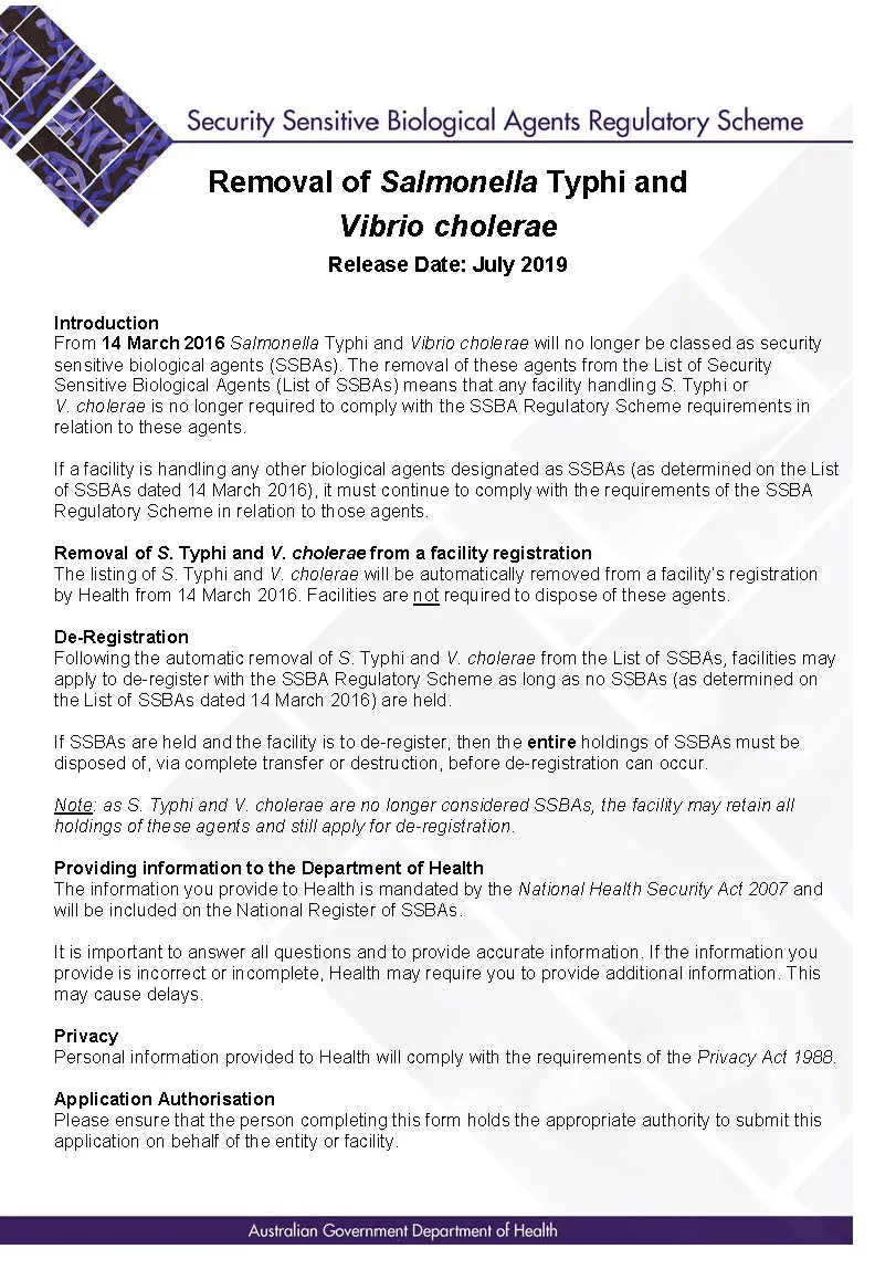 SSBA – Form – Removal of Salmonella Typhi and Vibrio cholerae