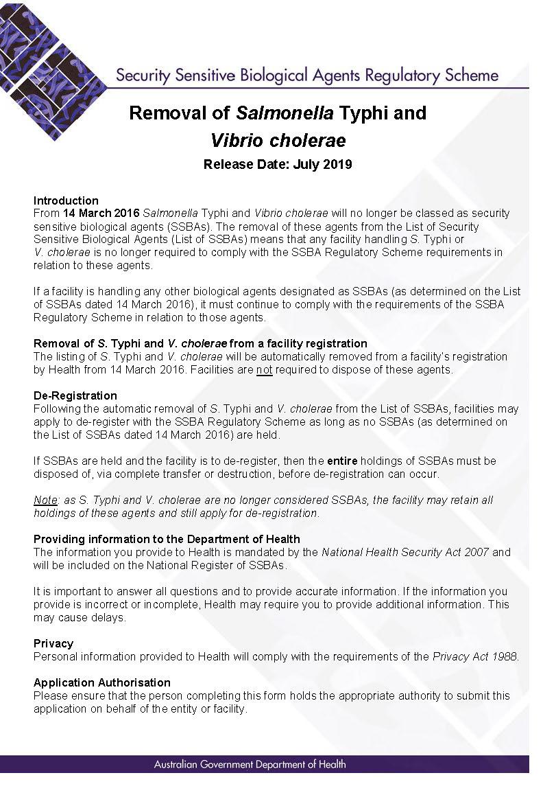 SSBA – Form – Removal of Salmonella Typhi and Vibrio cholerae