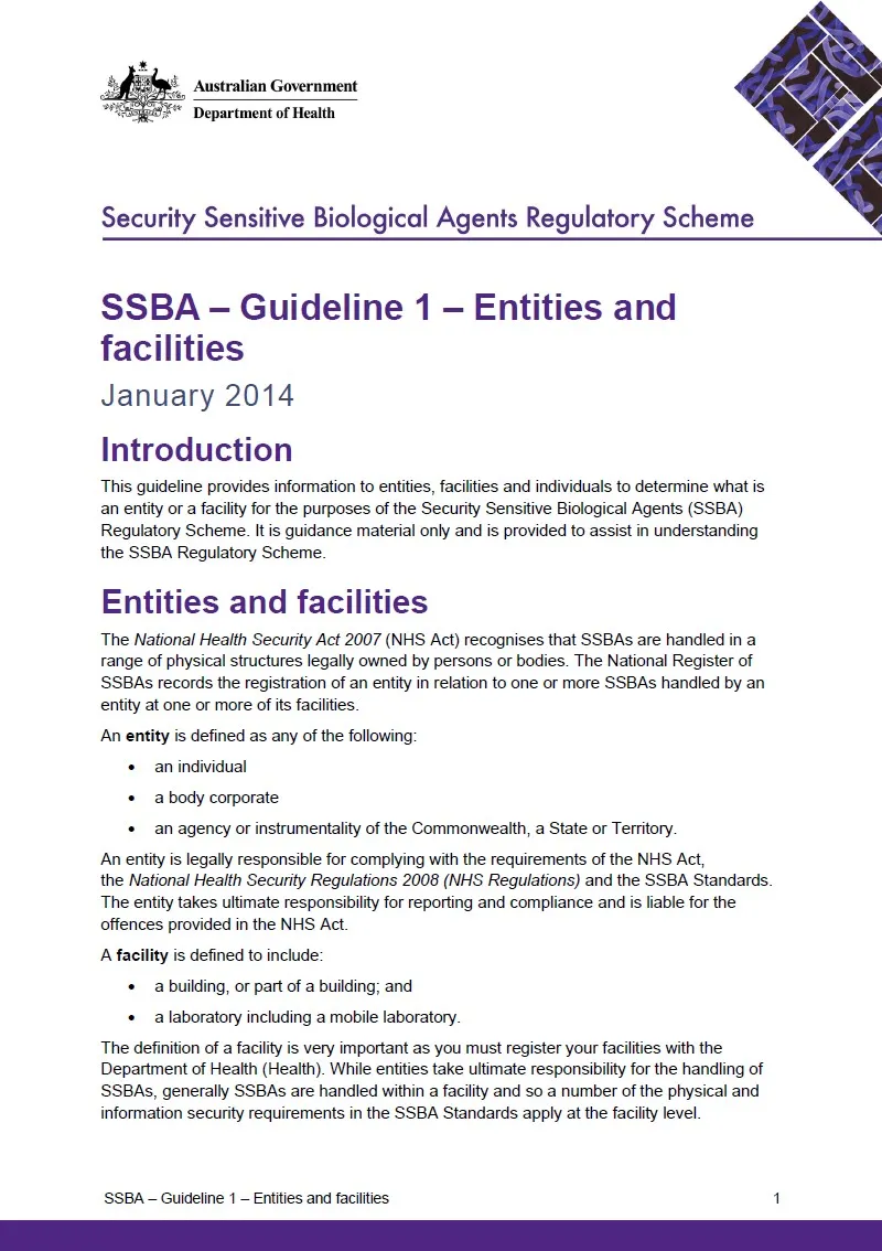 SSBA – Guideline 1 – Entities and facilities