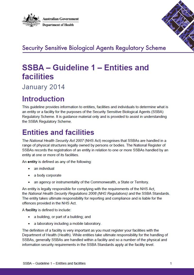 SSBA – Guideline 1 – Entities and facilities