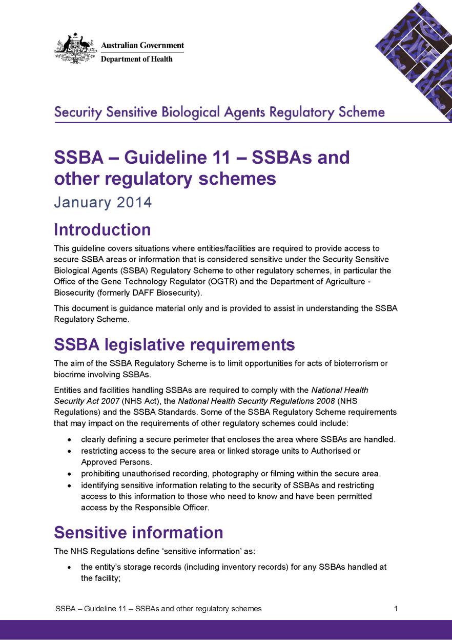 SSBA – Guideline 11 – SSBAs and other regulatory schemes