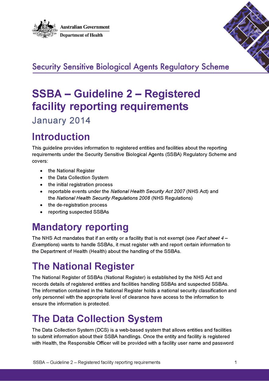 SSBA – Guideline 2 – Registered facility reporting requirements