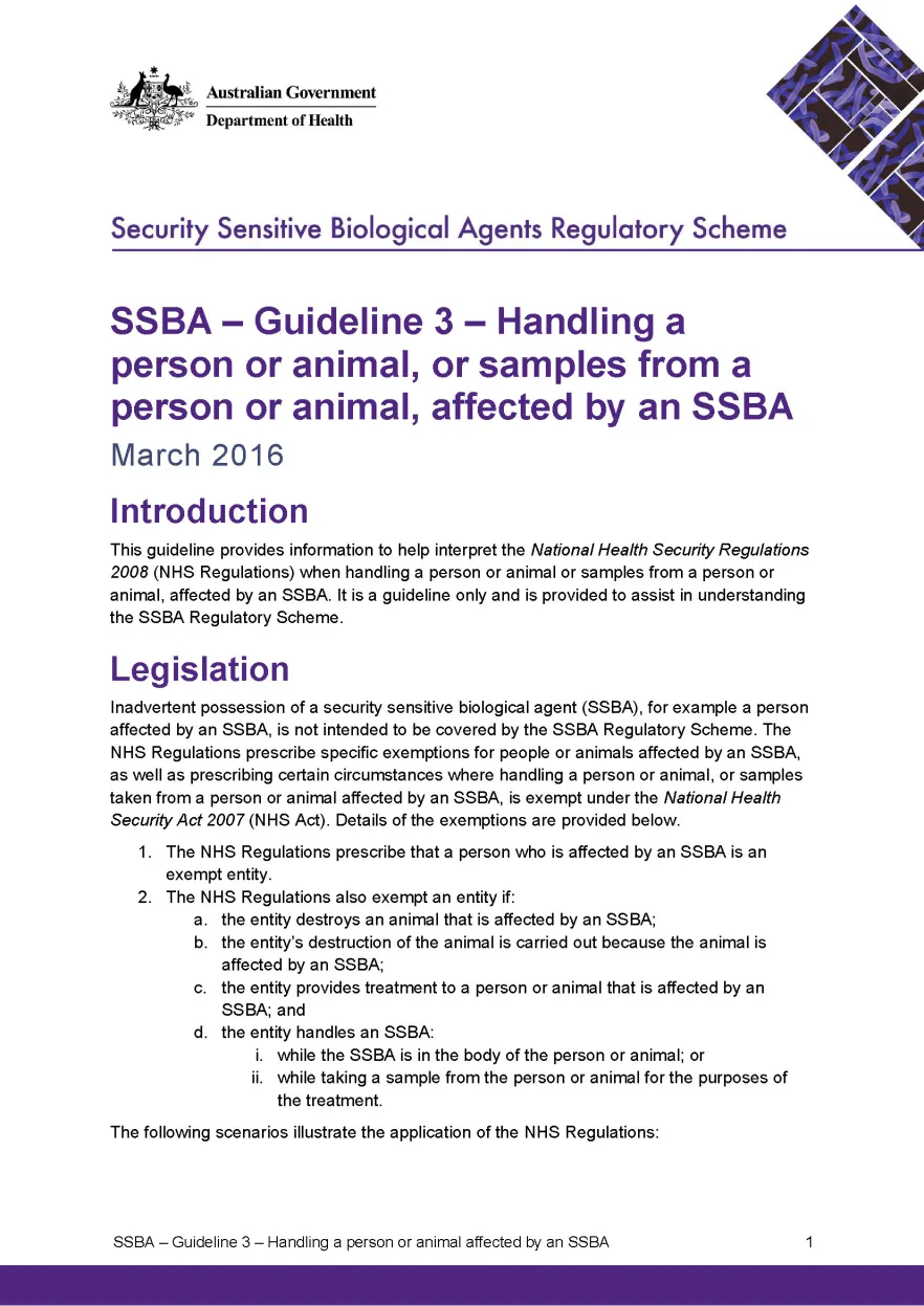 SSBA – Guideline 3 – Handling a person or animal, or samples from a person or animal, affected by an SSBA