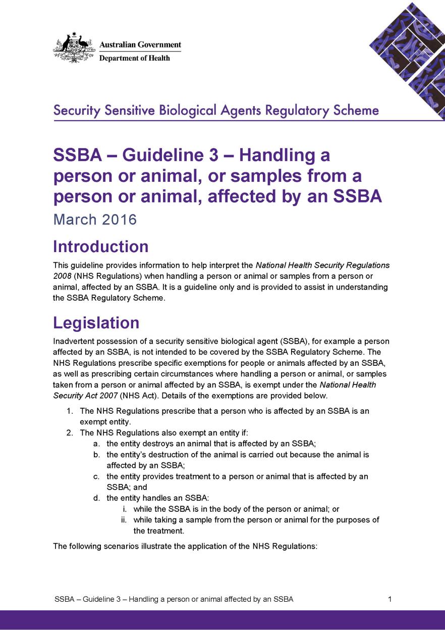 SSBA – Guideline 3 – Handling a person or animal, or samples from a person or animal, affected by an SSBA
