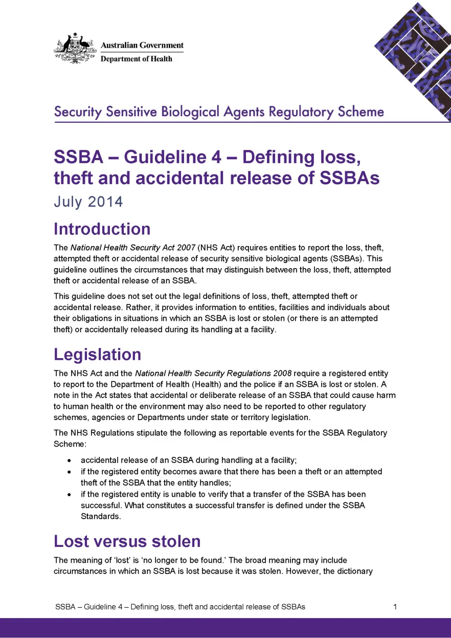 SSBA – Guideline 4 – Defining loss, theft and accidental release of SSBAs