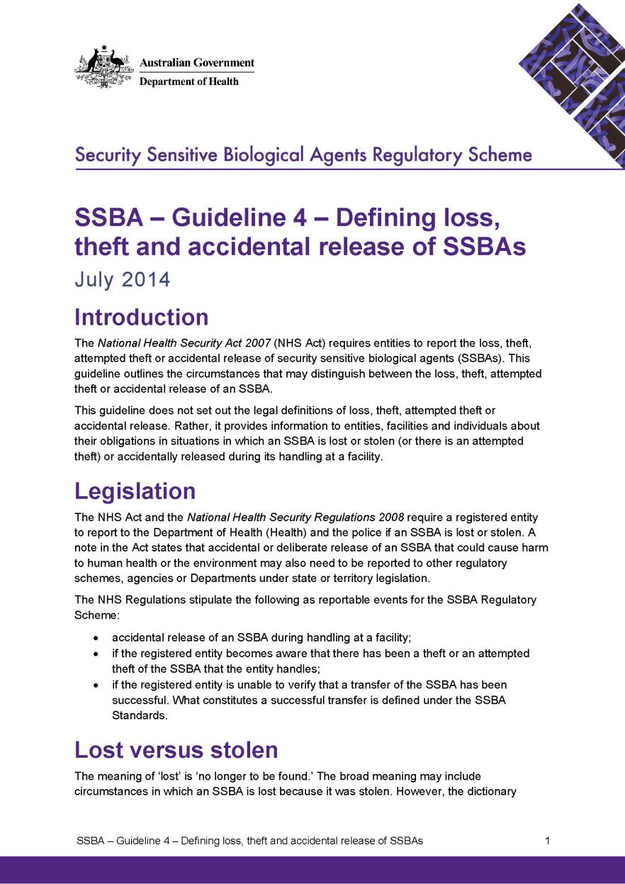 SSBA – Guideline 4 – Defining loss, theft and accidental release of SSBAs