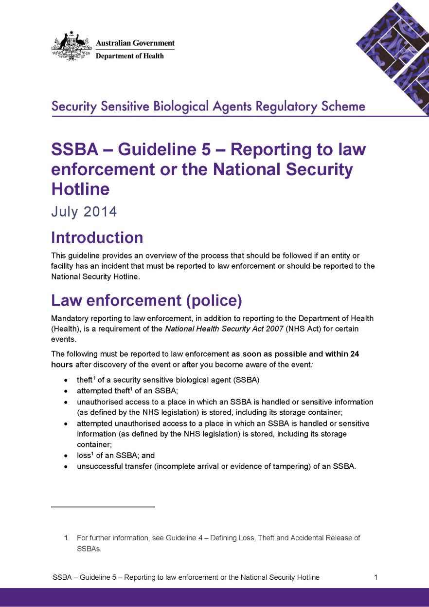 SSBA – Guideline 5 – Reporting to law enforcement or the National Security Hotline