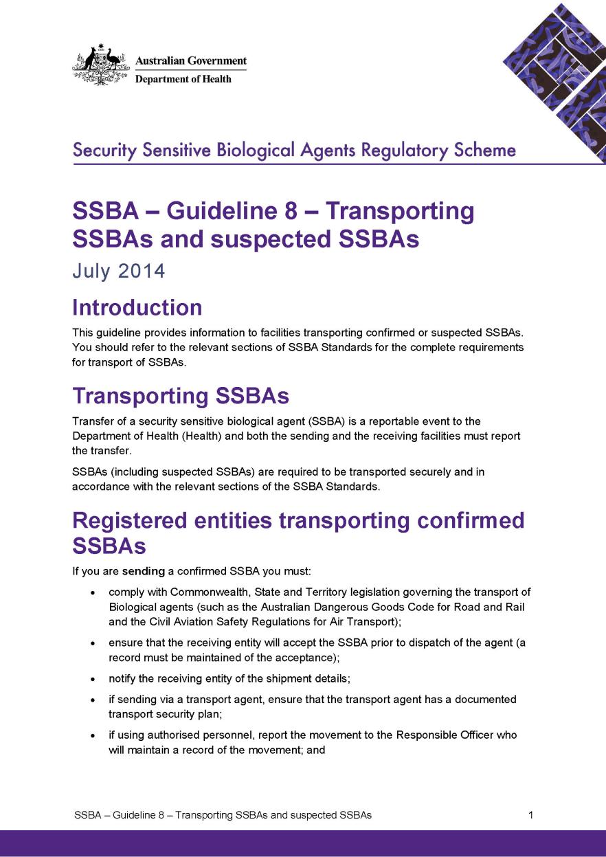 SSBA – Guideline 8 – Transporting SSBAs and suspected SSBAs