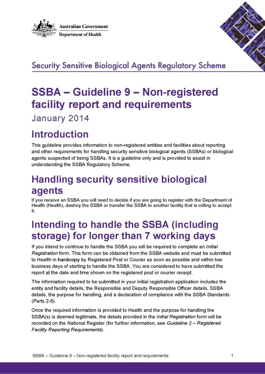 SSBA – Guideline 9 – Non-registered facility report and requirements