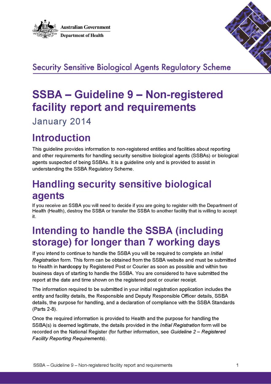 SSBA – Guideline 9 – Non-registered facility report and requirements