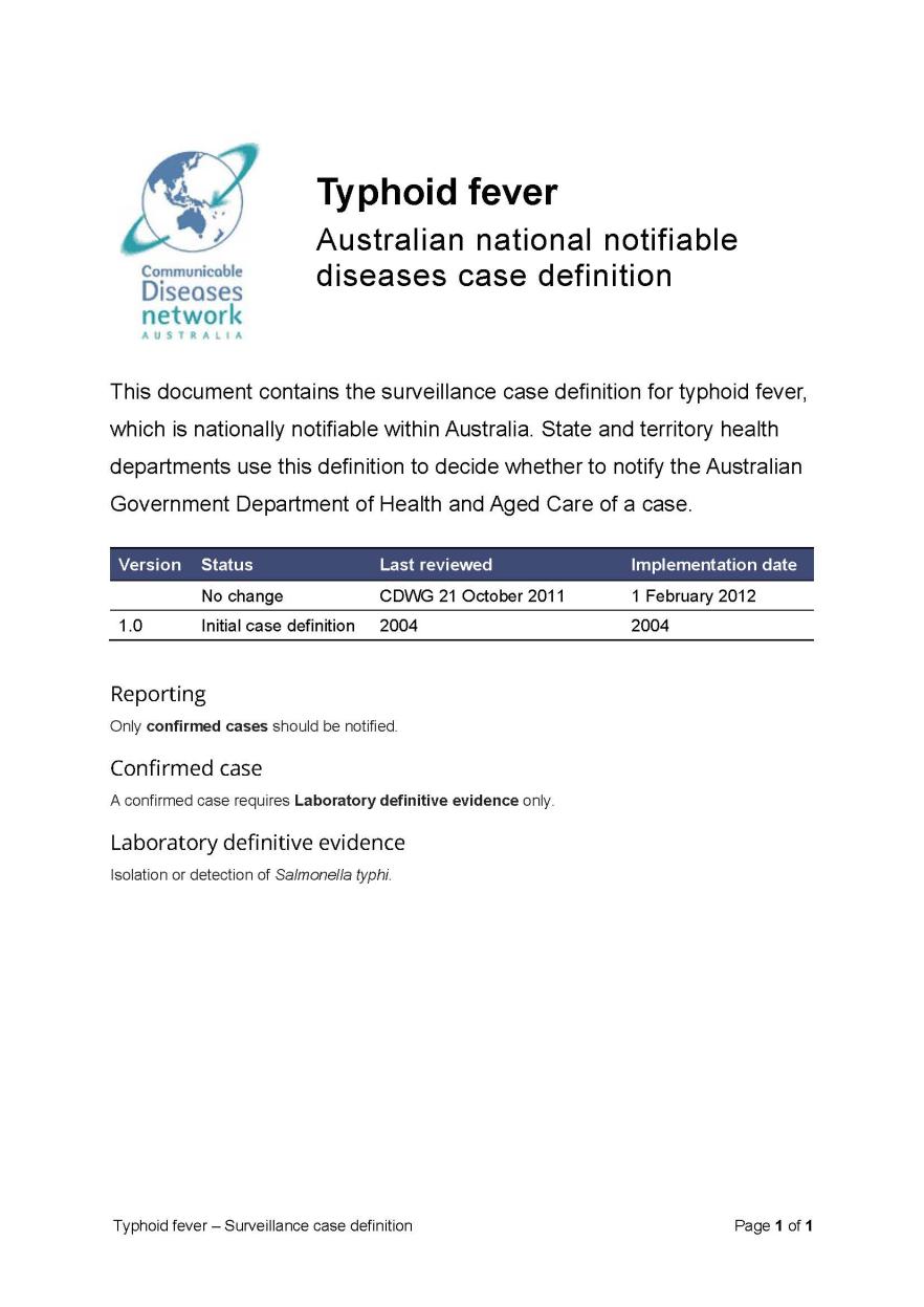 Typhoid fever – Surveillance case definition