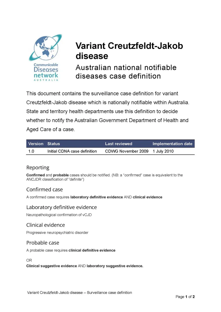 Variant Creutzfeldt-Jakob disease (vCJD) – Surveillance case definition