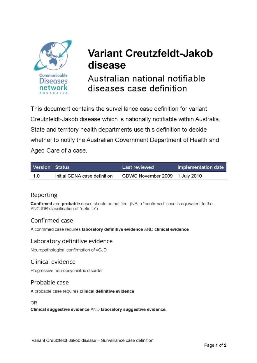 Variant Creutzfeldt-Jakob disease (vCJD) – Surveillance case definition