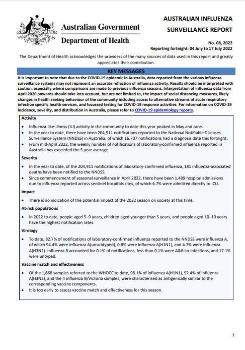 Cover image for Australian Influenza Surveillance Report 8 2022