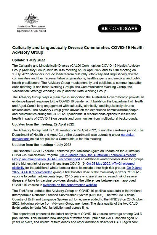 CALD COVID-19 Advisory Group communique – 1 July 2022 