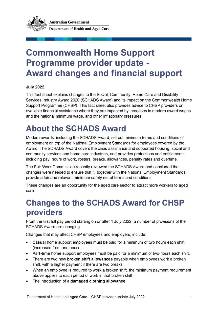 CHSP - Award changes and financial support cover image