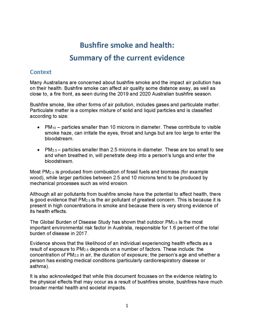 Cover image for enHealth guidance – Bushfire smoke and health – Summary of the current evidence