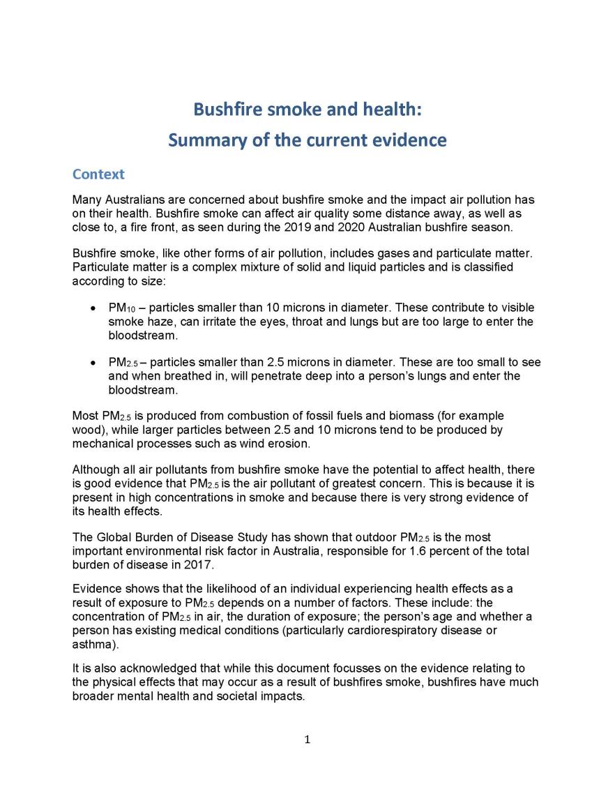 Cover image for enHealth guidance – Bushfire smoke and health – Summary of the current evidence