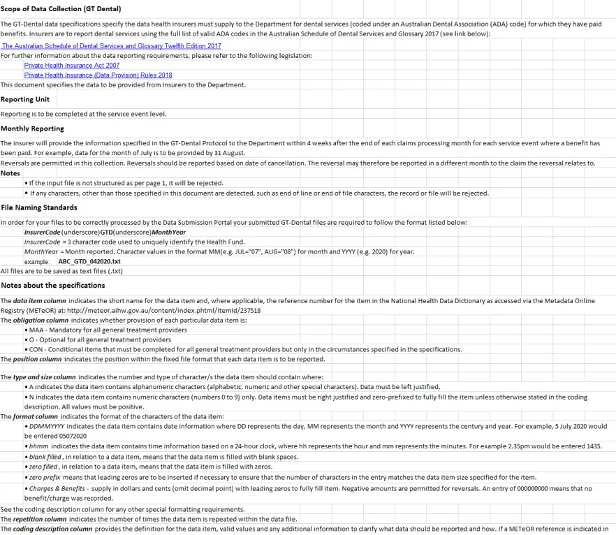 GT-Dental data specification – Insurer to department
