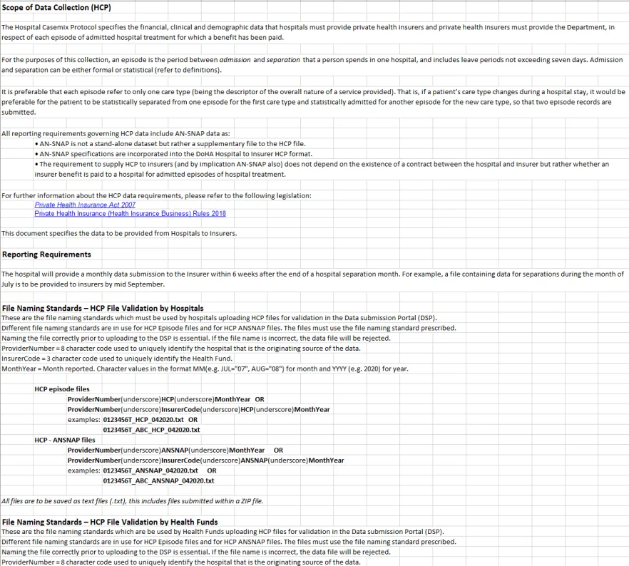 HCP data specifications – Hospital to insurer