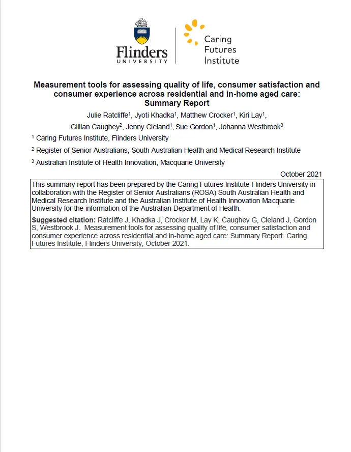 Measurement tools for assessing quality of life, consumer satisfaction and consumer experience across residential and in-home aged care – Summary report