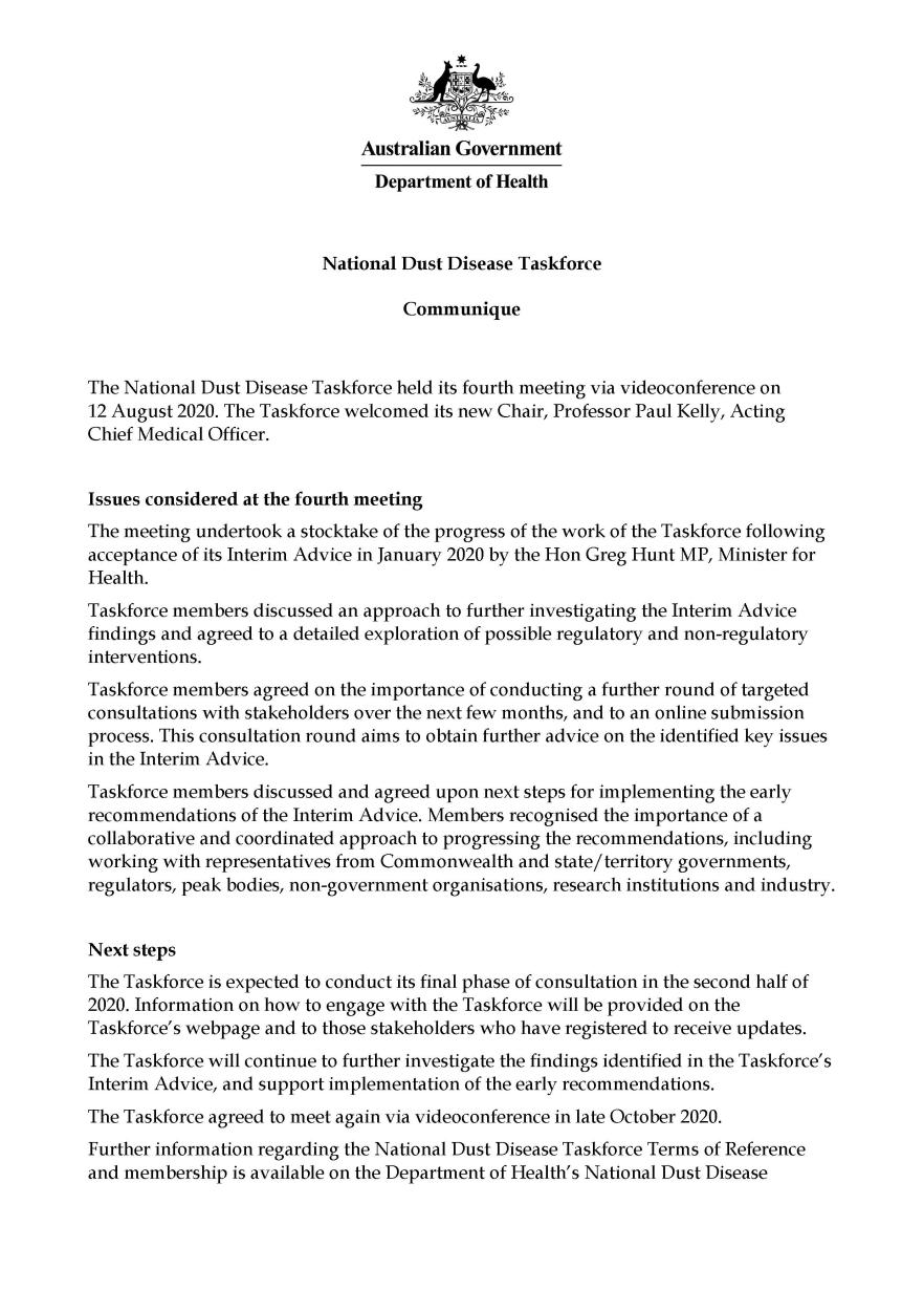 Cover image for National Dust Disease Taskforce communique – 12 August 2020