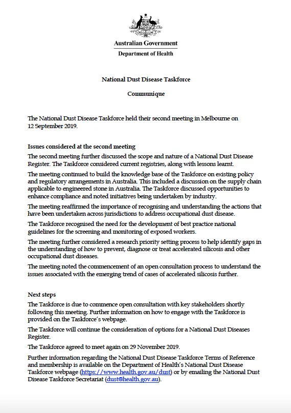 Cover image for National Dust Disease Taskforce communique – 12 September 2019