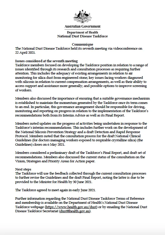 Cover image for National Dust Disease Taskforce communique – 22 April 2021_cover