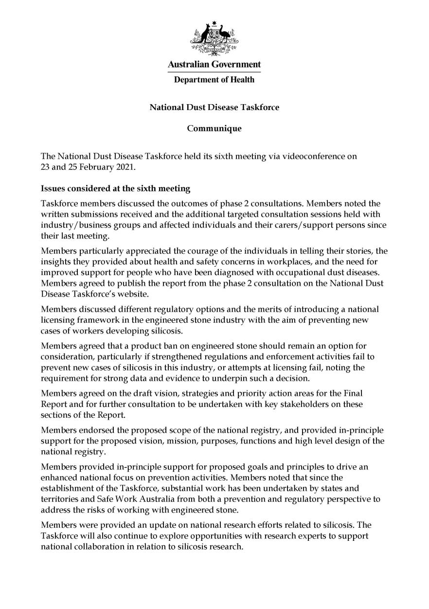 Cover image for National Dust Disease Taskforce Communique – 23 and 25 February 2021