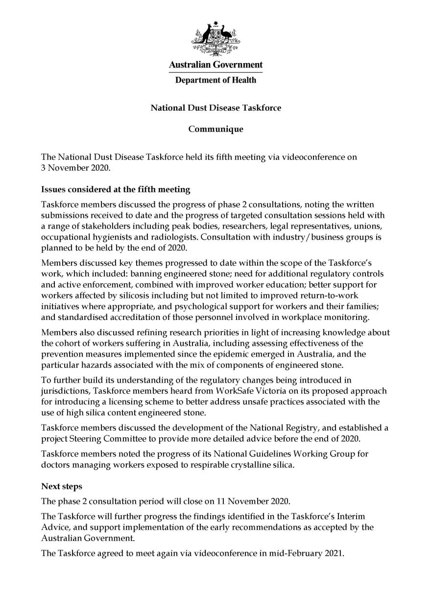 Cover image for National Dust Disease Taskforce Communique – 3 November 2020
