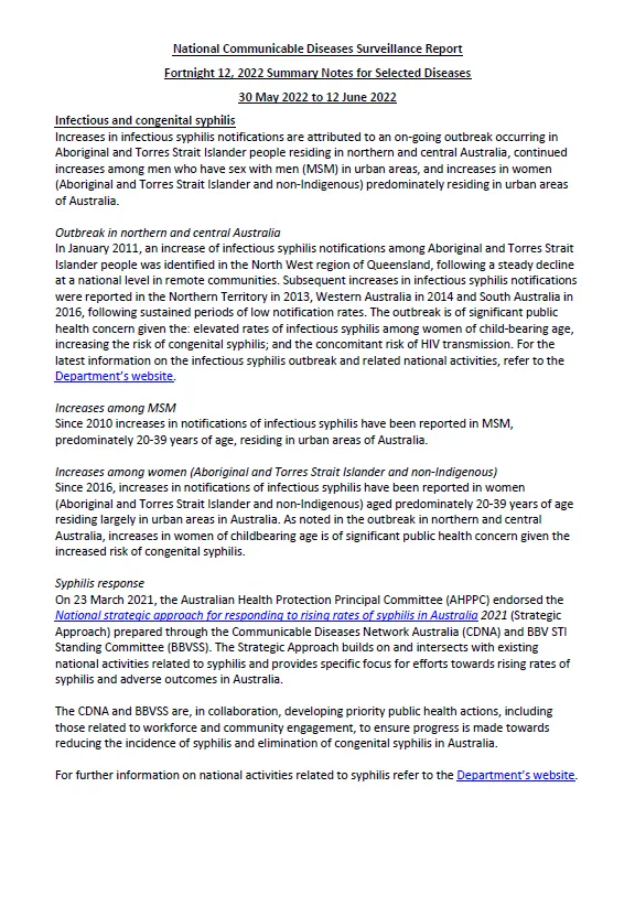 Cover image for National Notifiable Diseases Surveillance System (NNDSS) fortnightly reports – 30 May to 12 June 2022