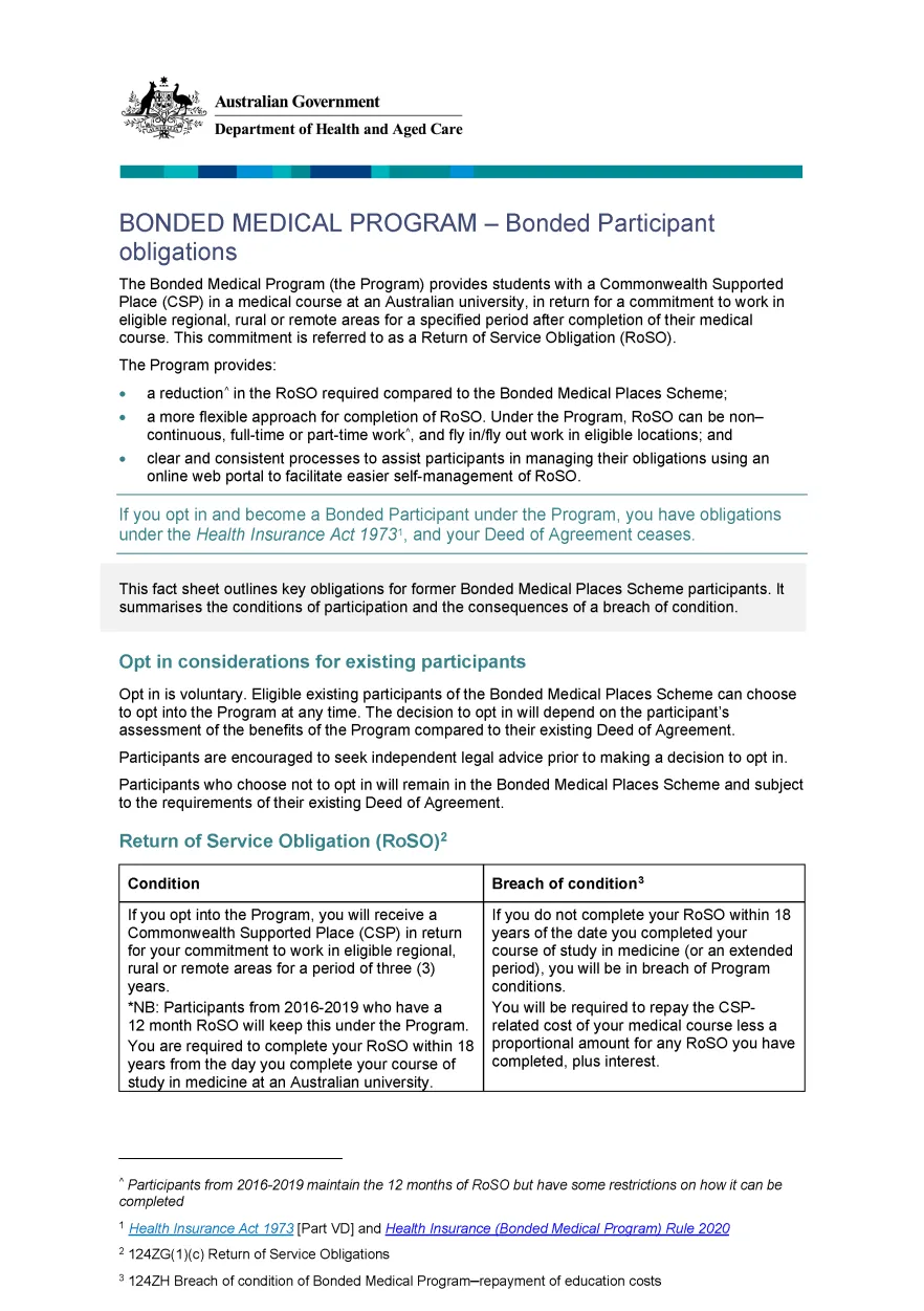 Cover pages from Obligations fact sheet for Bonded Medical Places Scheme participants
