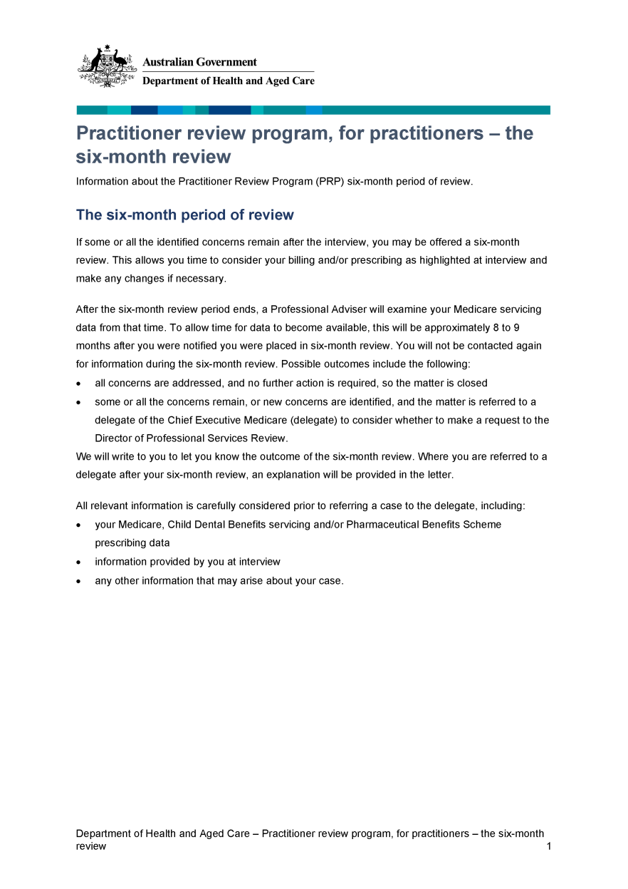 Practitioner review program, for practitioners – the six-month review (Attachment G)