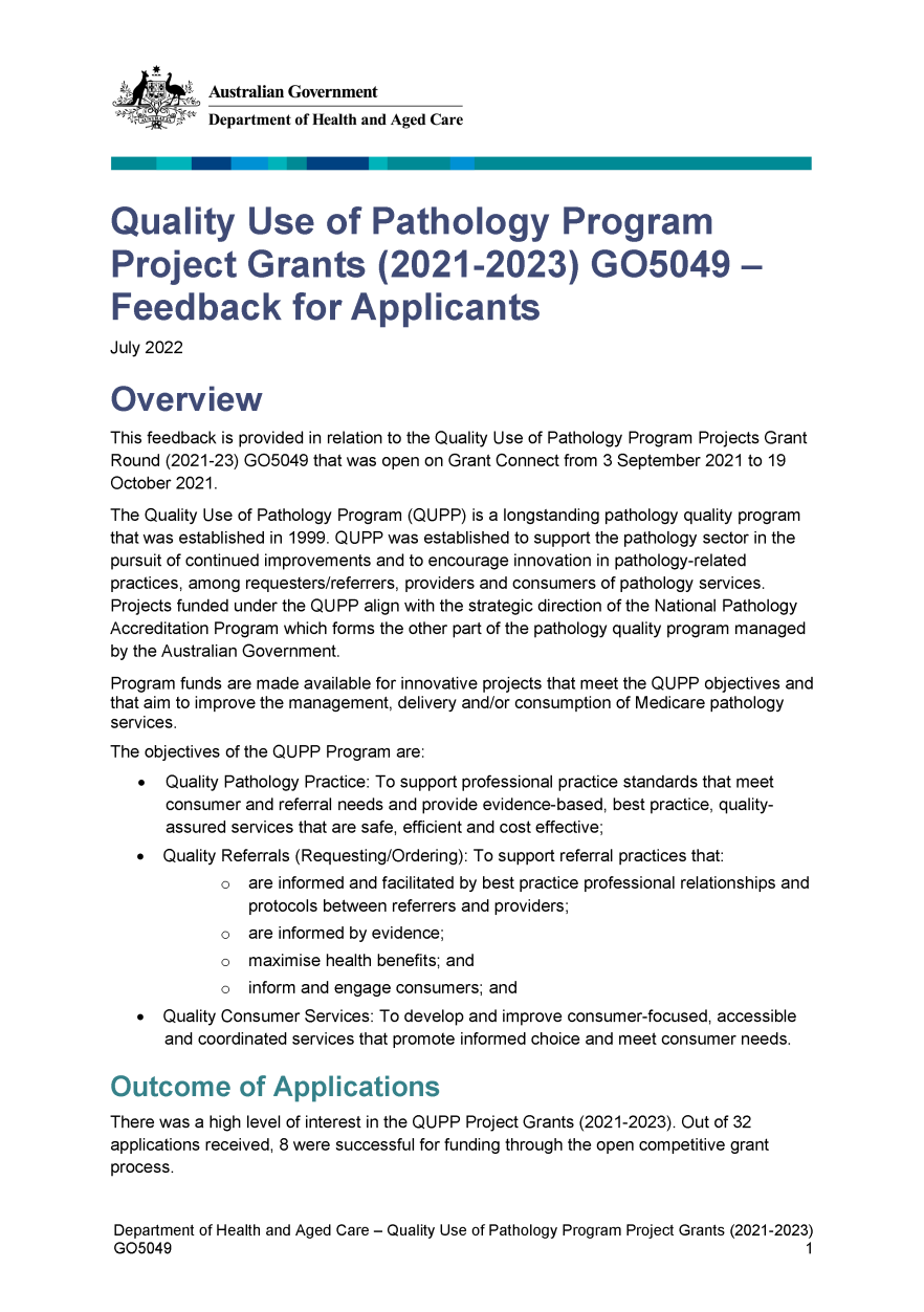 Quality Use of Pathology Program Project Grants (2021-2023) GO5049 – Feedback for applicants