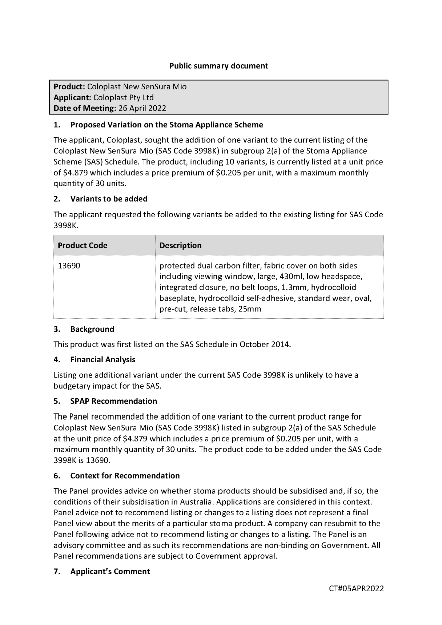 SPAP public summary document – April 2022 – Coloplast New SenSura Mio (SAS code 3998K)